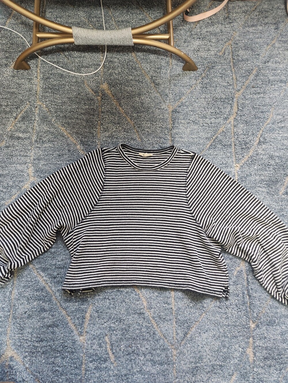 madewell black white stripe cotton cropped balloon sleeve shirt medium